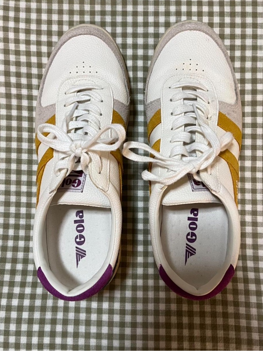 Gola White Sneakers with Mustard Stripes and Purple Heel